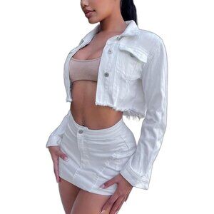 Women's Cropped Jean Denim Jackets Button Down Long Sleeve Jacket White-a